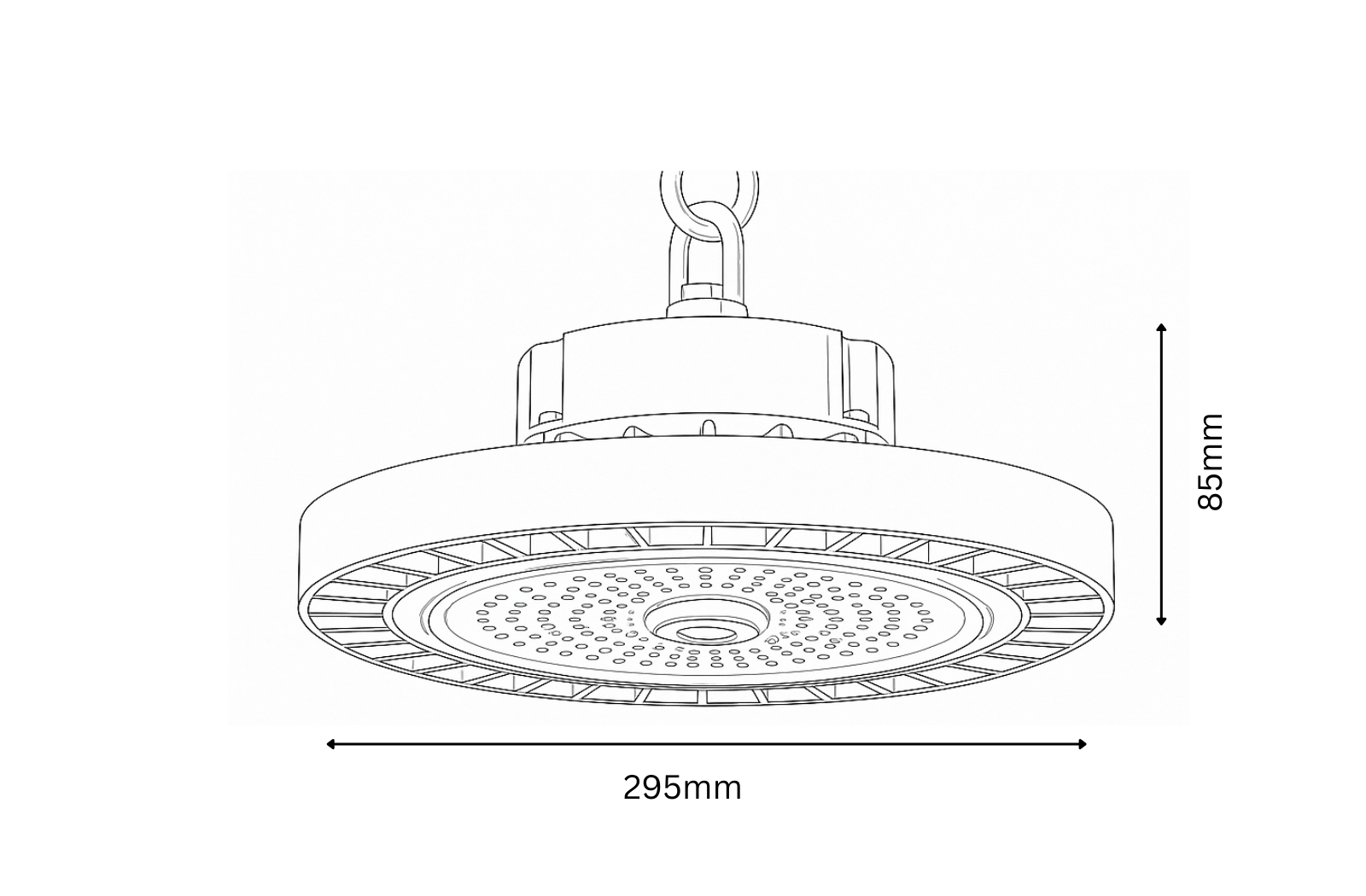 Technical drawing of a high-bay industrial light fixture with dimensions labeled.