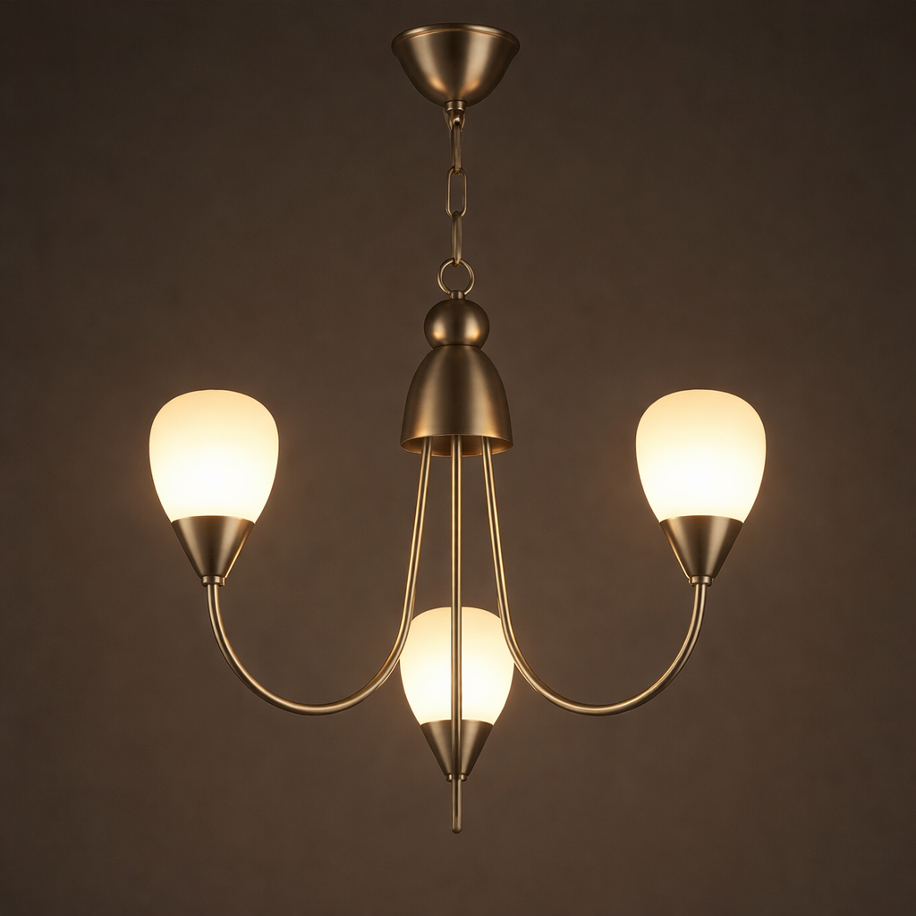 Chandelier with three illuminated bulbs against a dark background