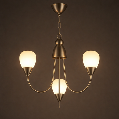 Chandelier with three illuminated bulbs against a dark background
