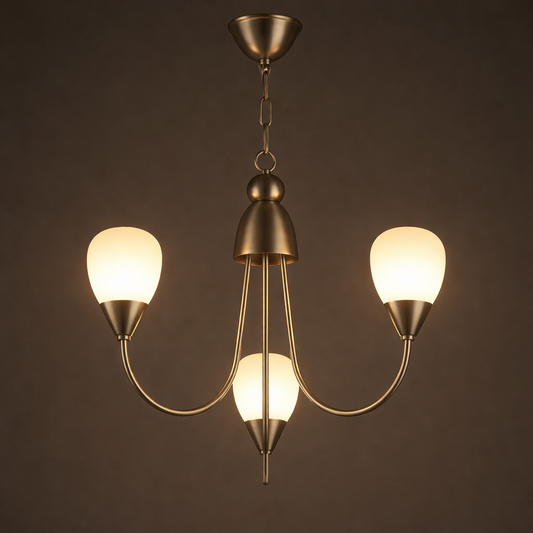 Chandelier with three illuminated bulbs against a dark background