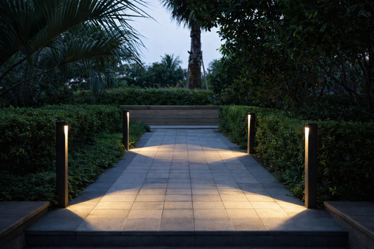 Modern outdoor bollard light in pathway