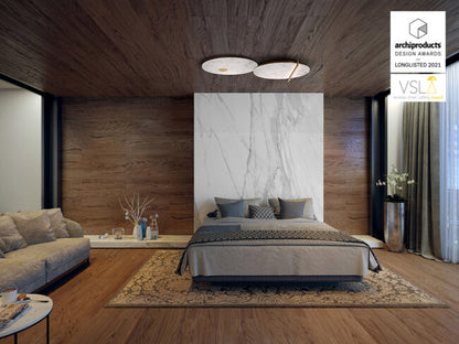 Modern bedroom with wooden walls, marble accent wall, and furniture.
