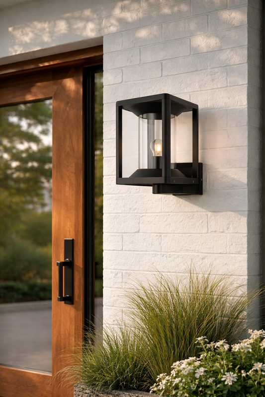 Black outdoor wall light fixture on a white brick wall with a wooden door and plants in the foreground.
Edge surface gulf lights 
Edge surface