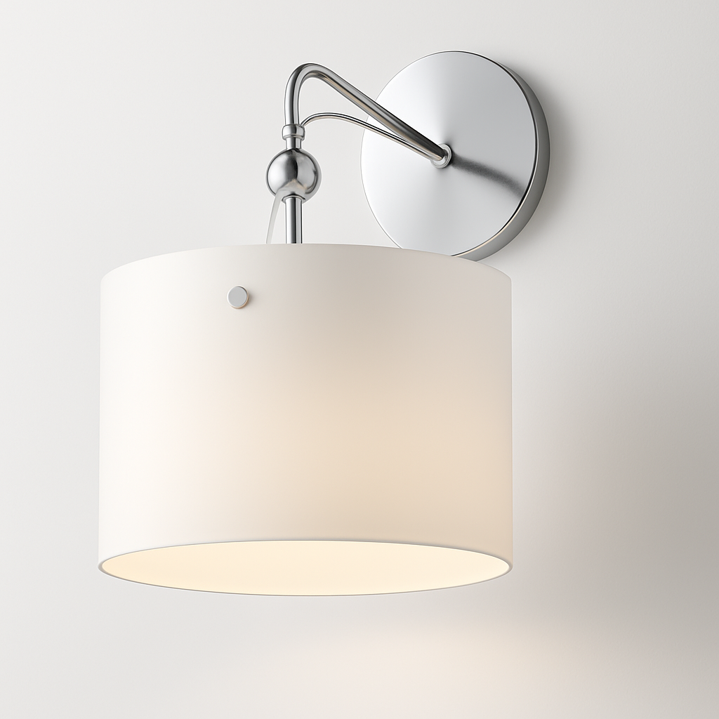 Wall-mounted lamp with white shade and chrome arm with E27 base lamp