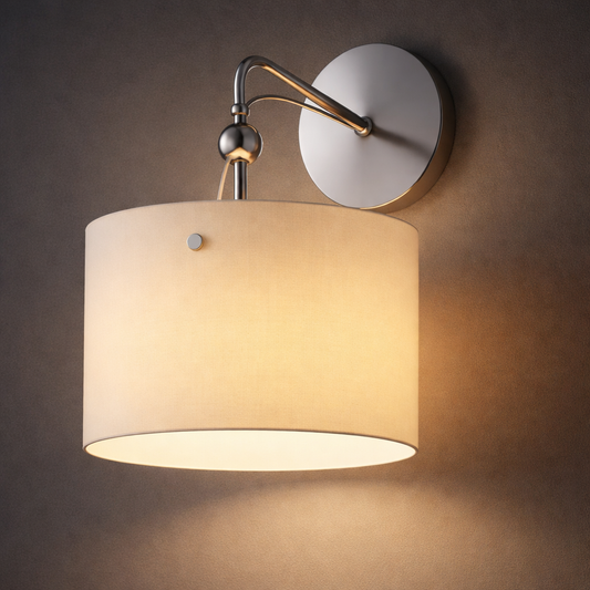 Wall-mounted lamp with beige shade and metallic arm on a brown background