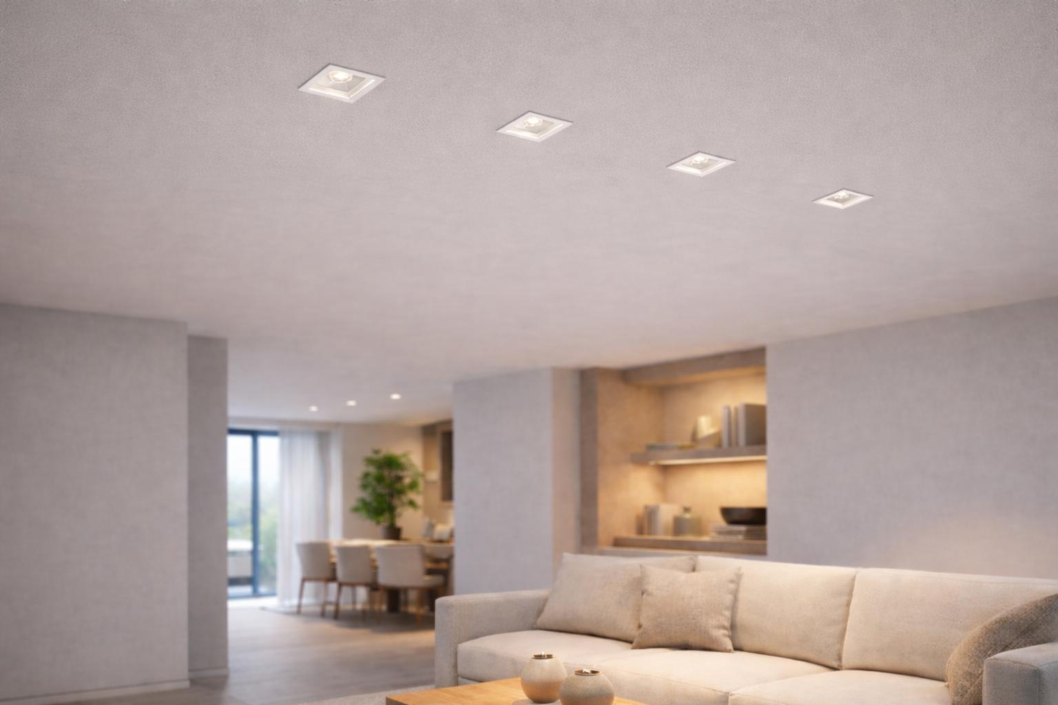 Modern living room with ceiling lights and a sofa.
