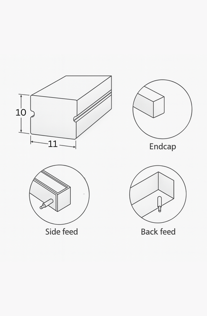 Technical diagram showing dimensions and feed directions of a rectangular component with endcap, side feed, and back feed labels.