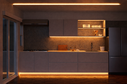 Modern kitchen with built-in appliances and ambient lighting