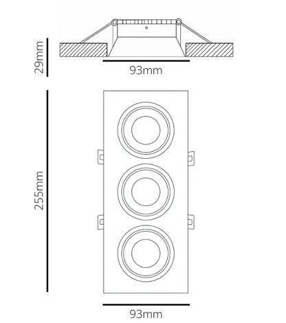 Technical drawing of a tripple recessed spotlight frame 