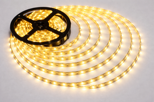 Roll of LED strip lights on a white background