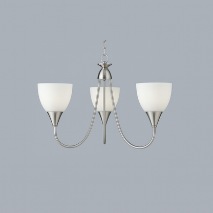 Suspended light with three white glass shades and E27 base lamp