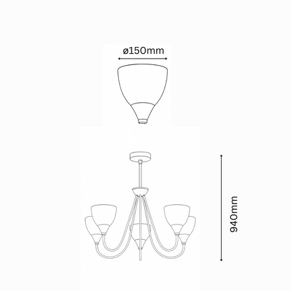 Line drawing of a chandelier with dimensions indicated on a white background