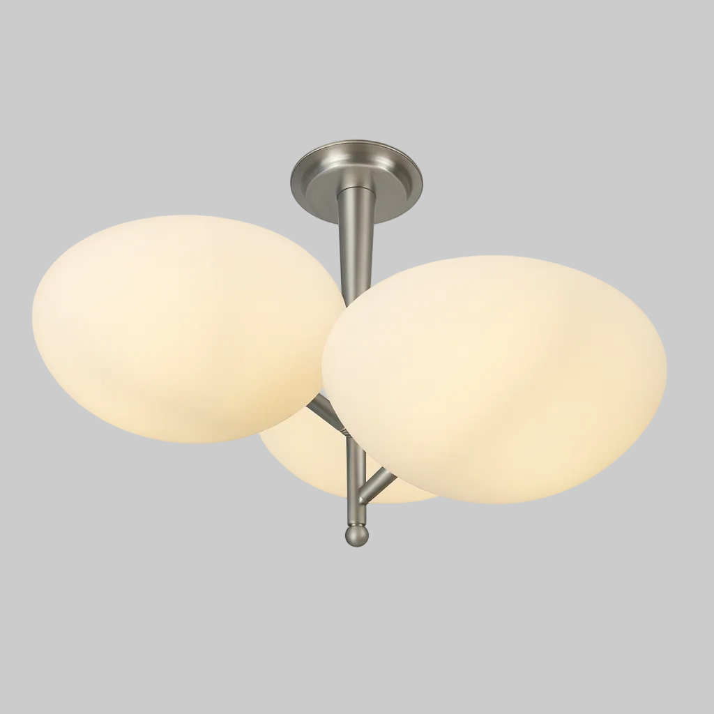 Ceiling light fixture with E14 base lamp and three round glass shades