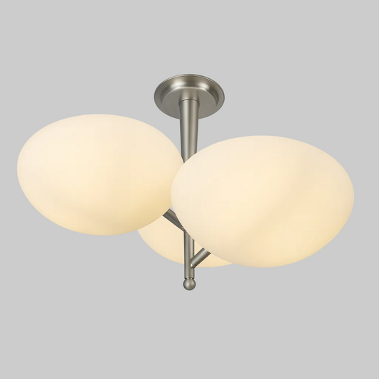 Ceiling light fixture with E14 base lamp and three round glass shades