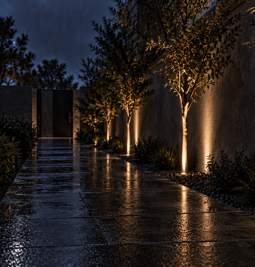 Recessed inground uplight in a modern pathway