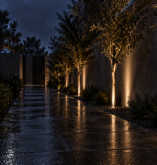 Recessed inground uplight in a modern pathway