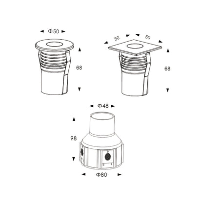 Technical drawing for a recessed sptep light with its back box