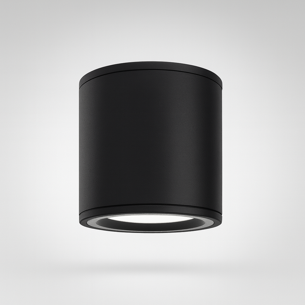Black cylindrical outdoor mounted wall light fixture with GU10 Base 