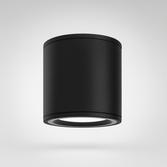 Black cylindrical outdoor mounted wall light fixture with GU10 Base 