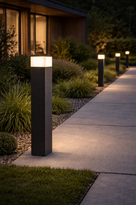 Outdoor bollard light fixture in a modern landscape 