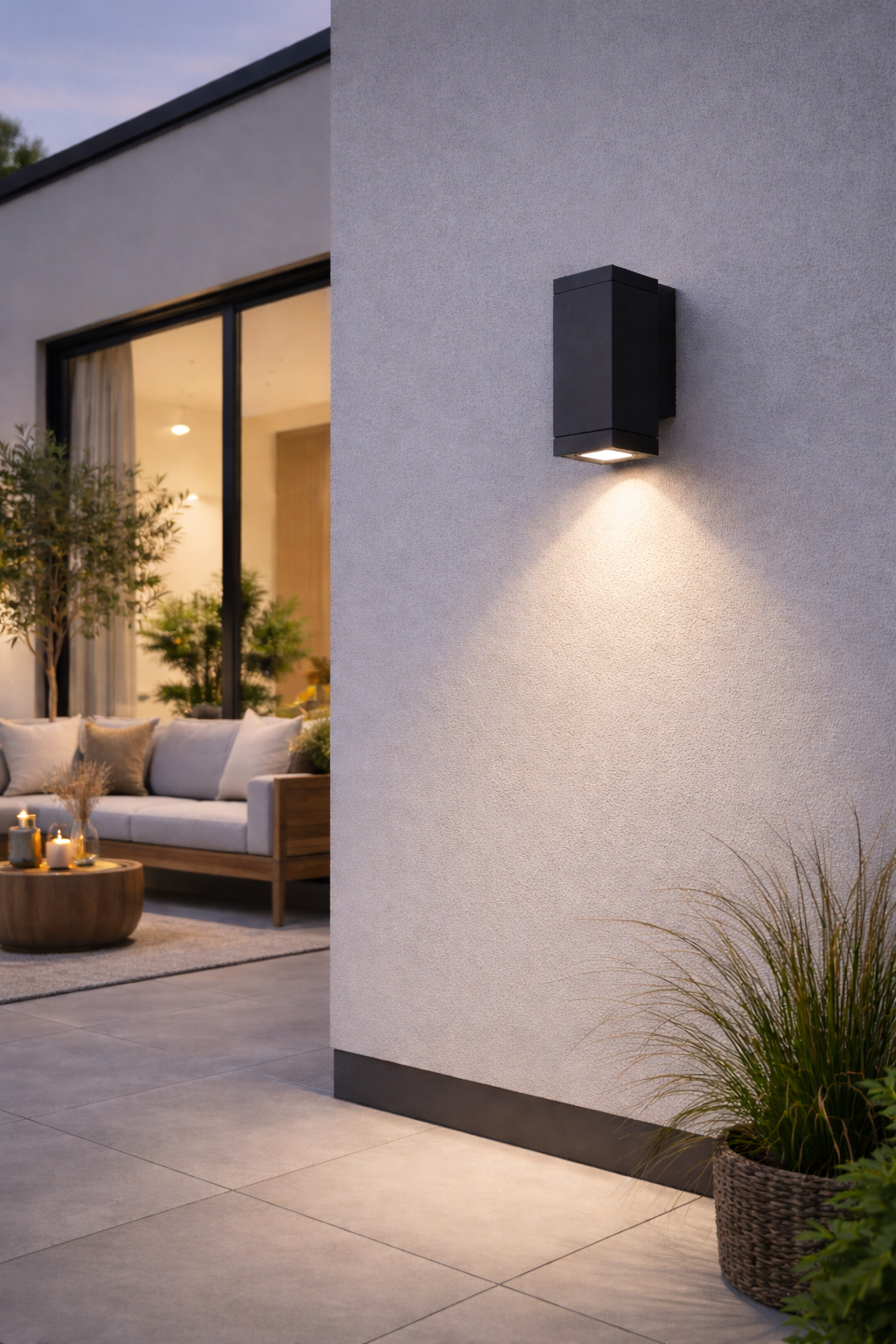 Black wall mounted light fixture in a modern outdoor area 