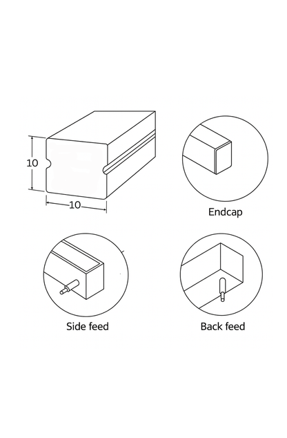 Technical diagram of a rectangular block with dimensions and feed directions labeled.