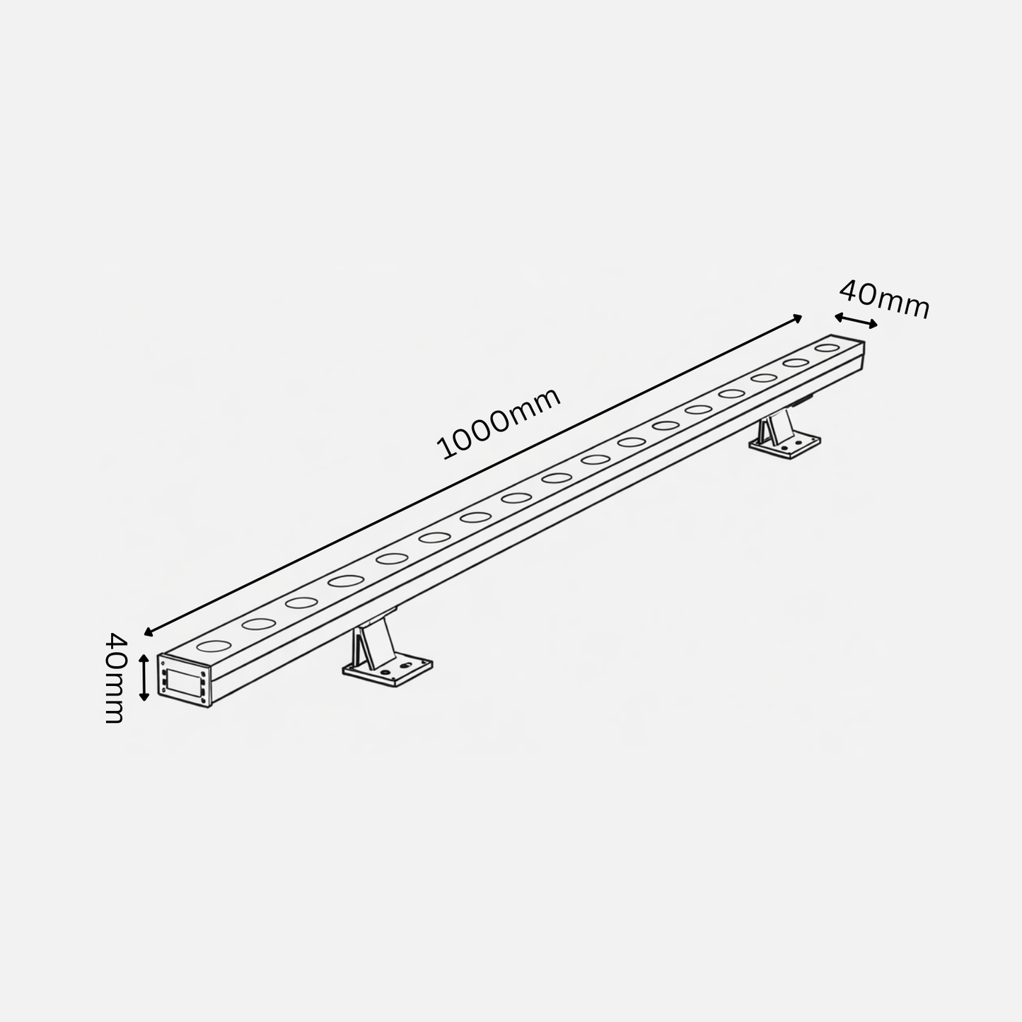 Technical drawing of a linear light fixture with dimensions on a white background