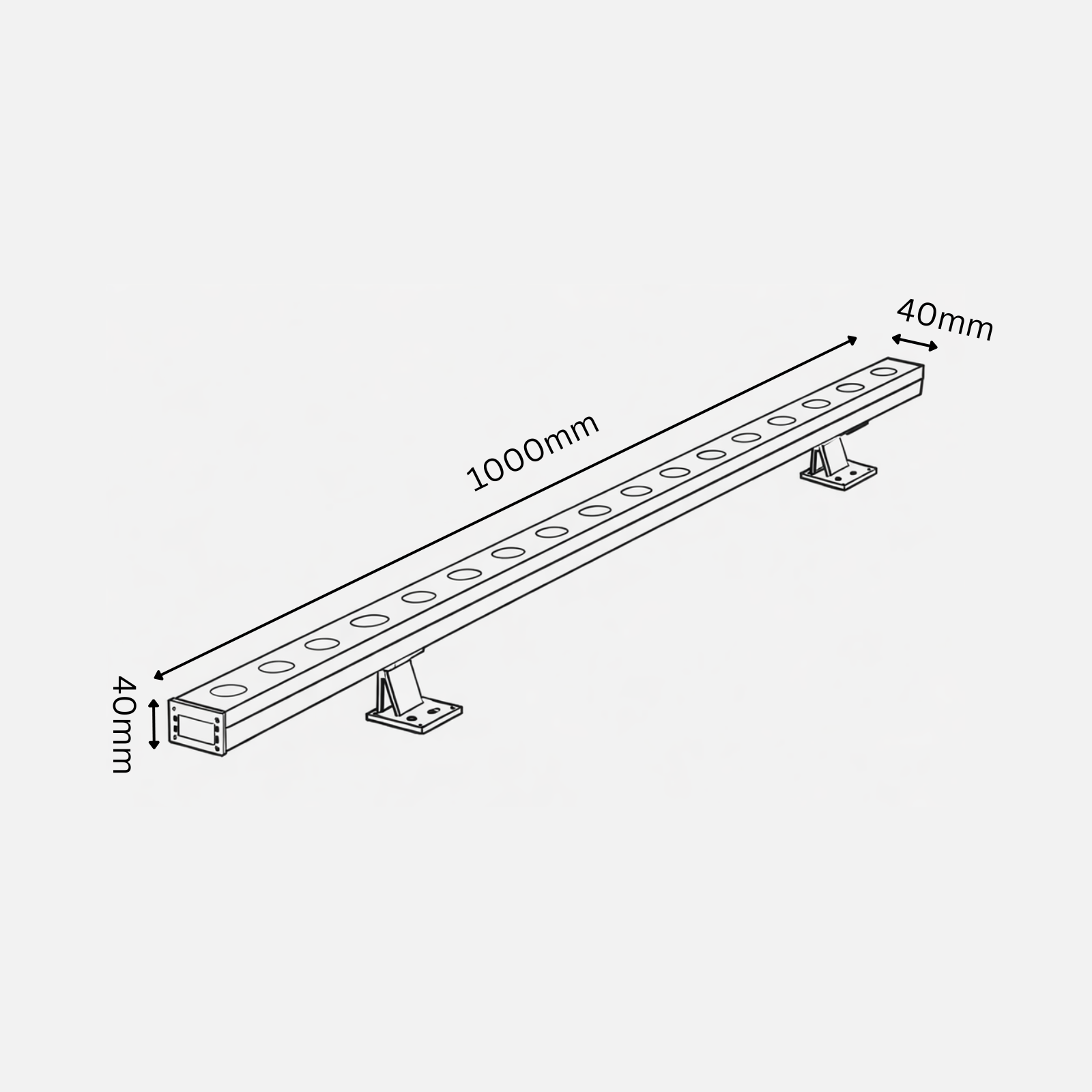 Technical drawing of a linear light fixture with dimensions on a white background
