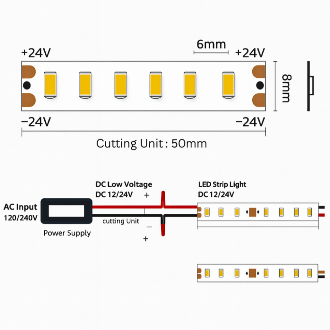 Diagram of LED strip light with voltage and cutting unit information
