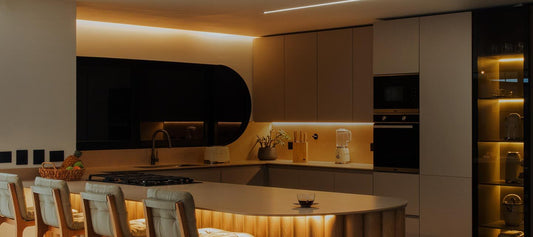 Modern kitchen with wooden island and neutral tones