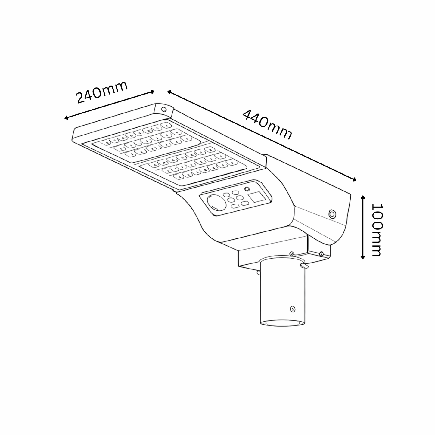 Technical drawing of a street light with dimensions labeled