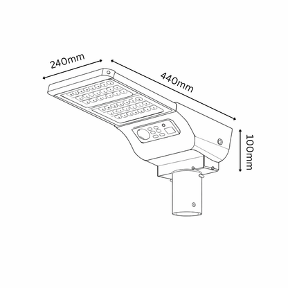 Technical drawing of a street light with dimensions labeled