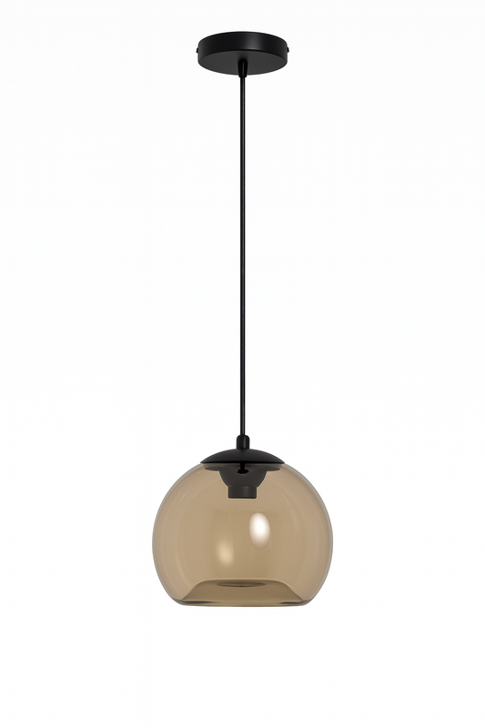 Pendant light with brown glass shade and black fixture with E27 base lamp