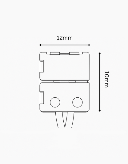 Technical drawing of a small electronic component with dimensions labeled