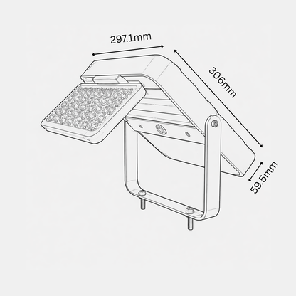 Technical drawing of a solar panel with dimensions labeled