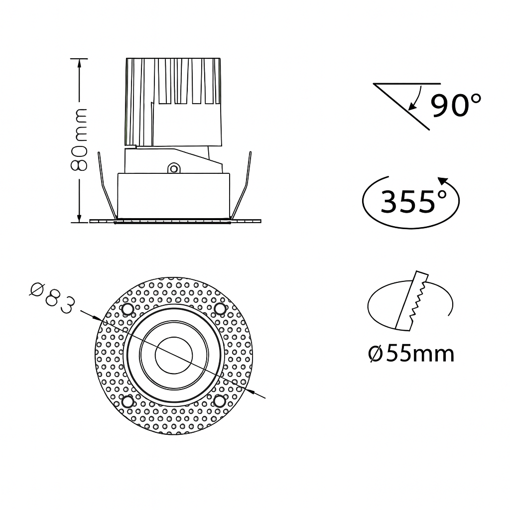 Technical drawing of a deep recessed trimless spot light 