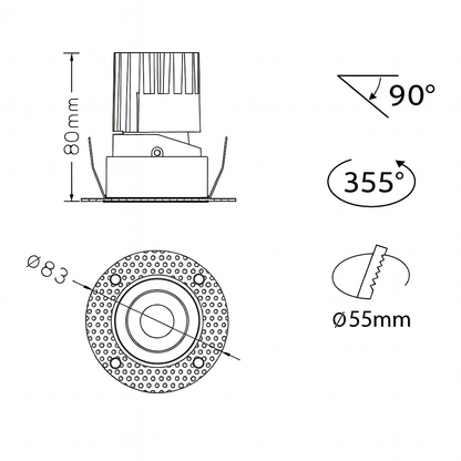Technical drawing of a deep recessed trimless spot light 