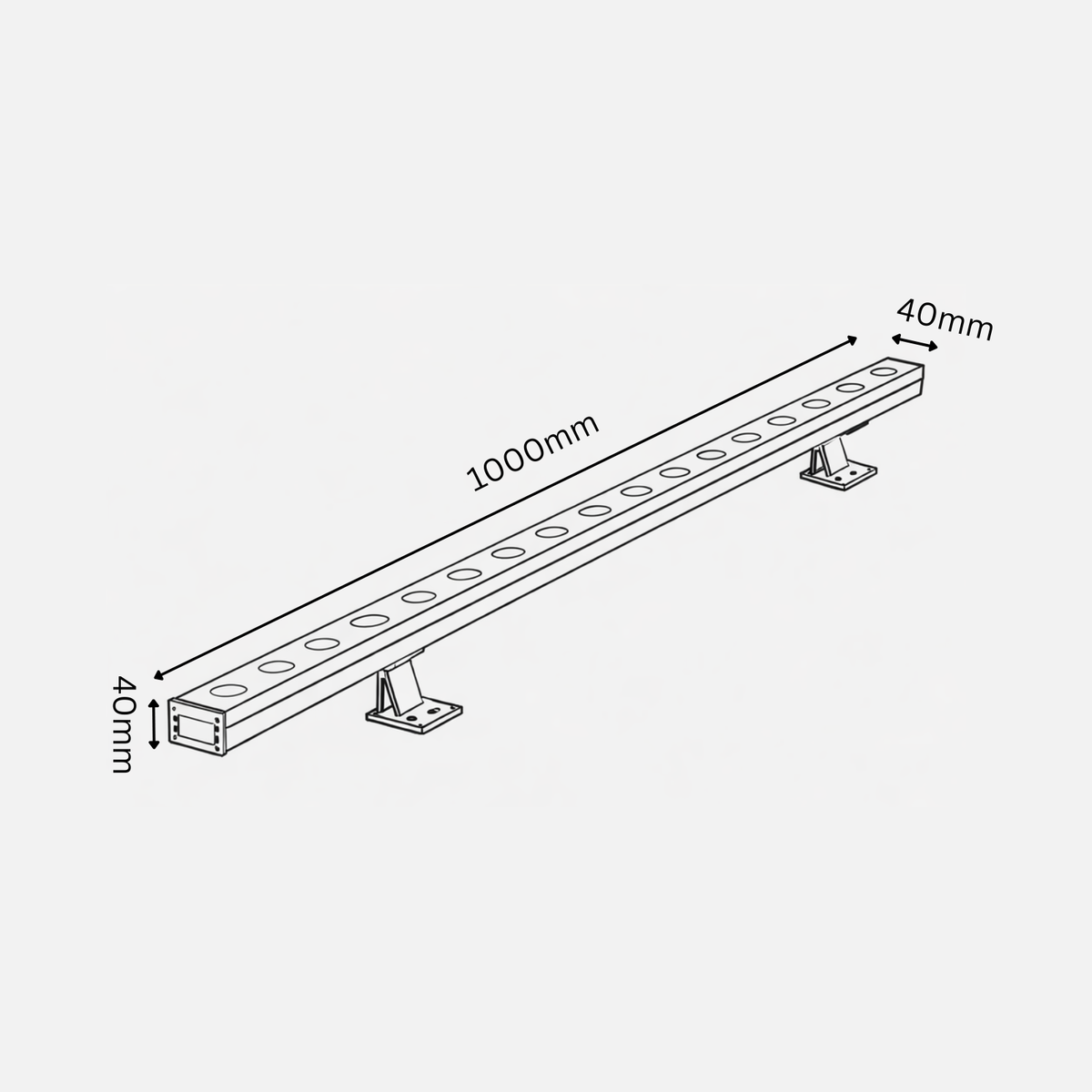 Technical drawing of a linear light fixture with dimensions