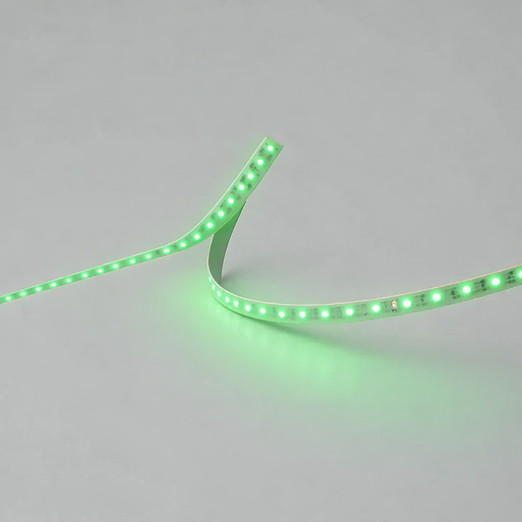 Green LED strip light on a gray background