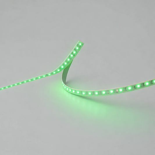 Green LED strip light on a gray background