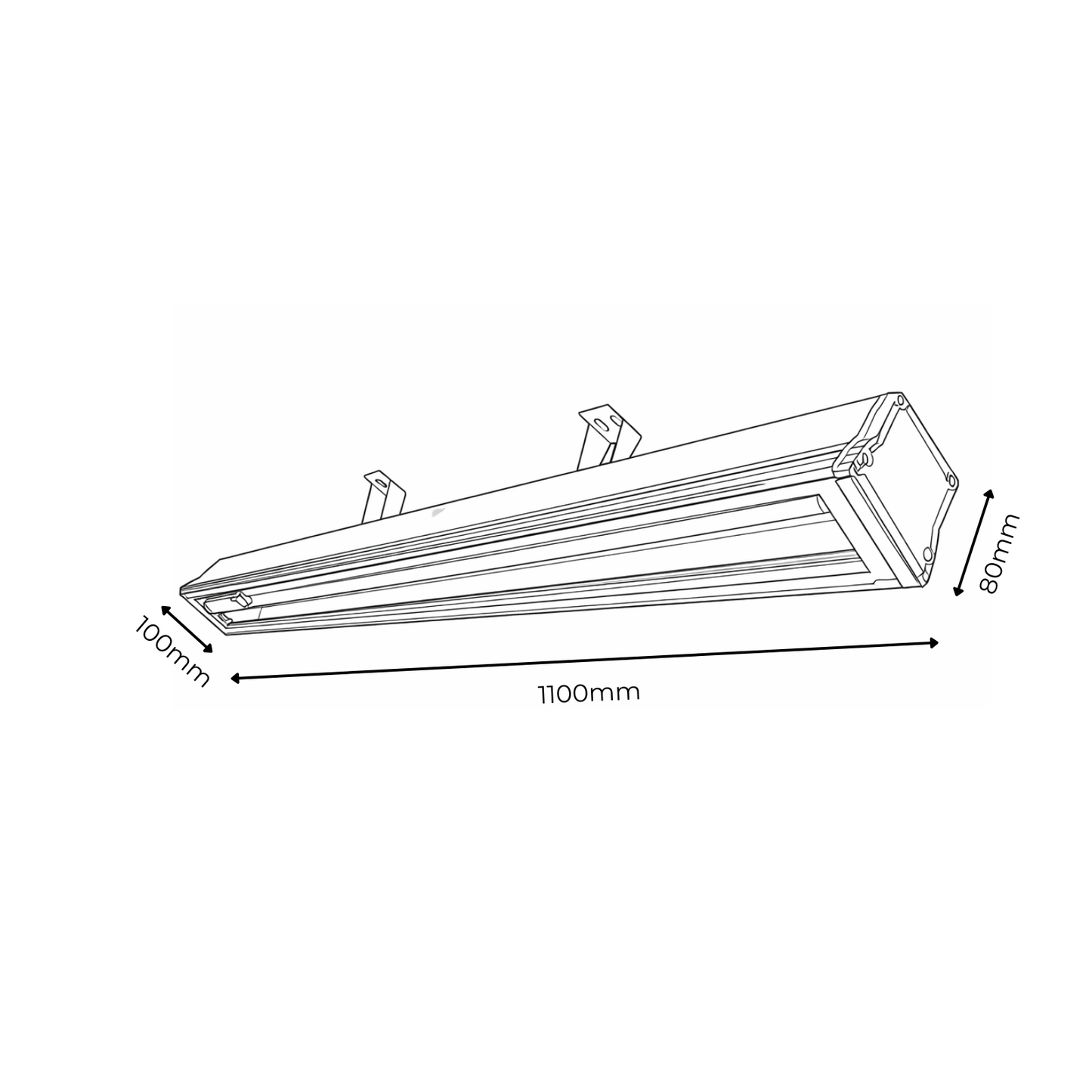 Technical drawing of a rectangular light fixture with dimensions labeled