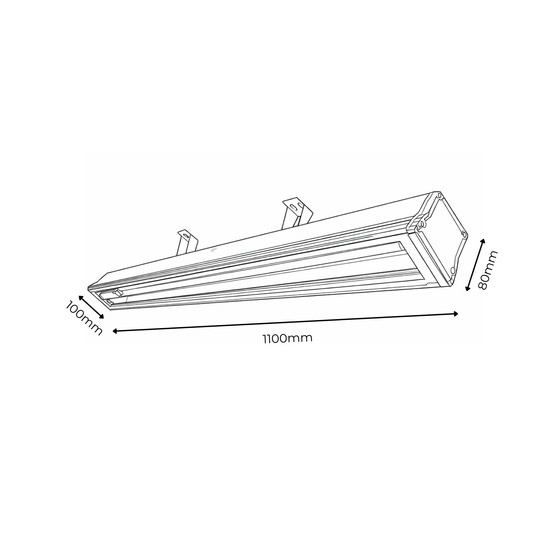 Technical drawing of a rectangular light fixture with dimensions labeled