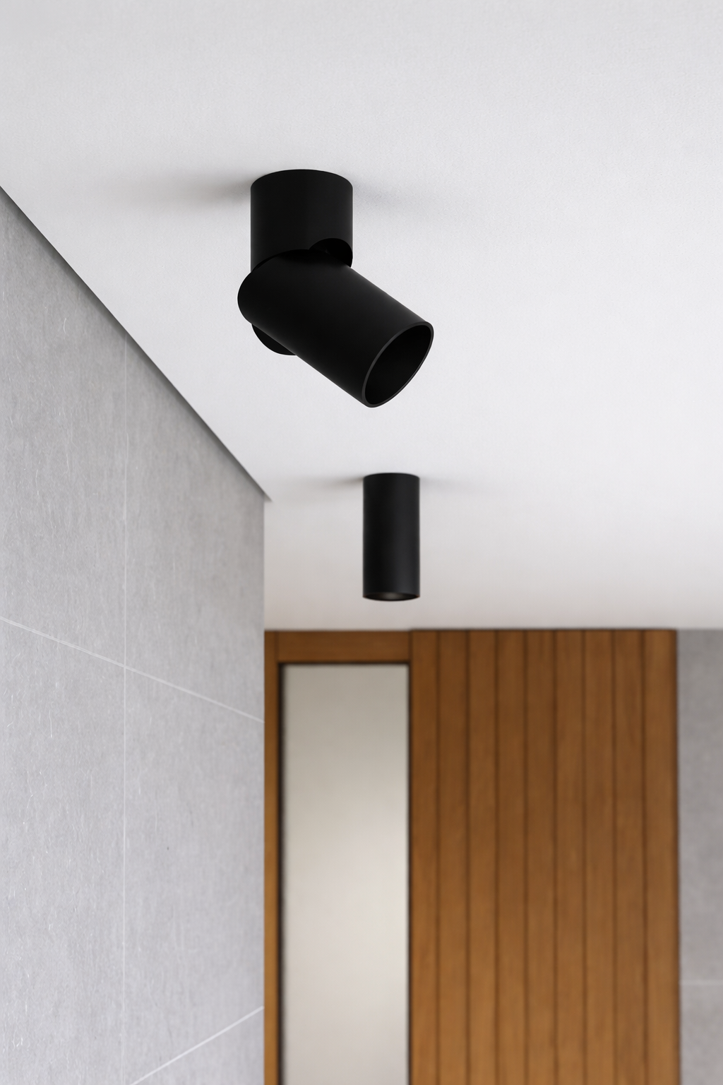 Two black ceiling lights on a white ceiling with a wooden panel and mirror in the background.