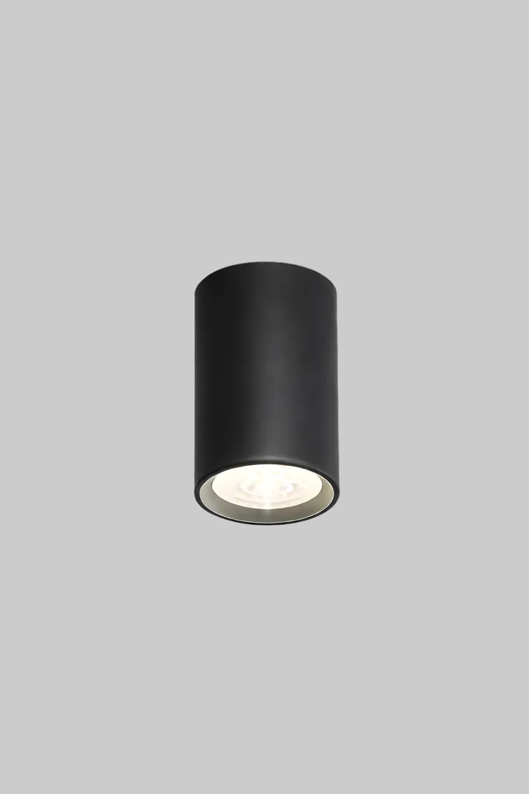 Black cylindrical ceiling light fixture on a gray background