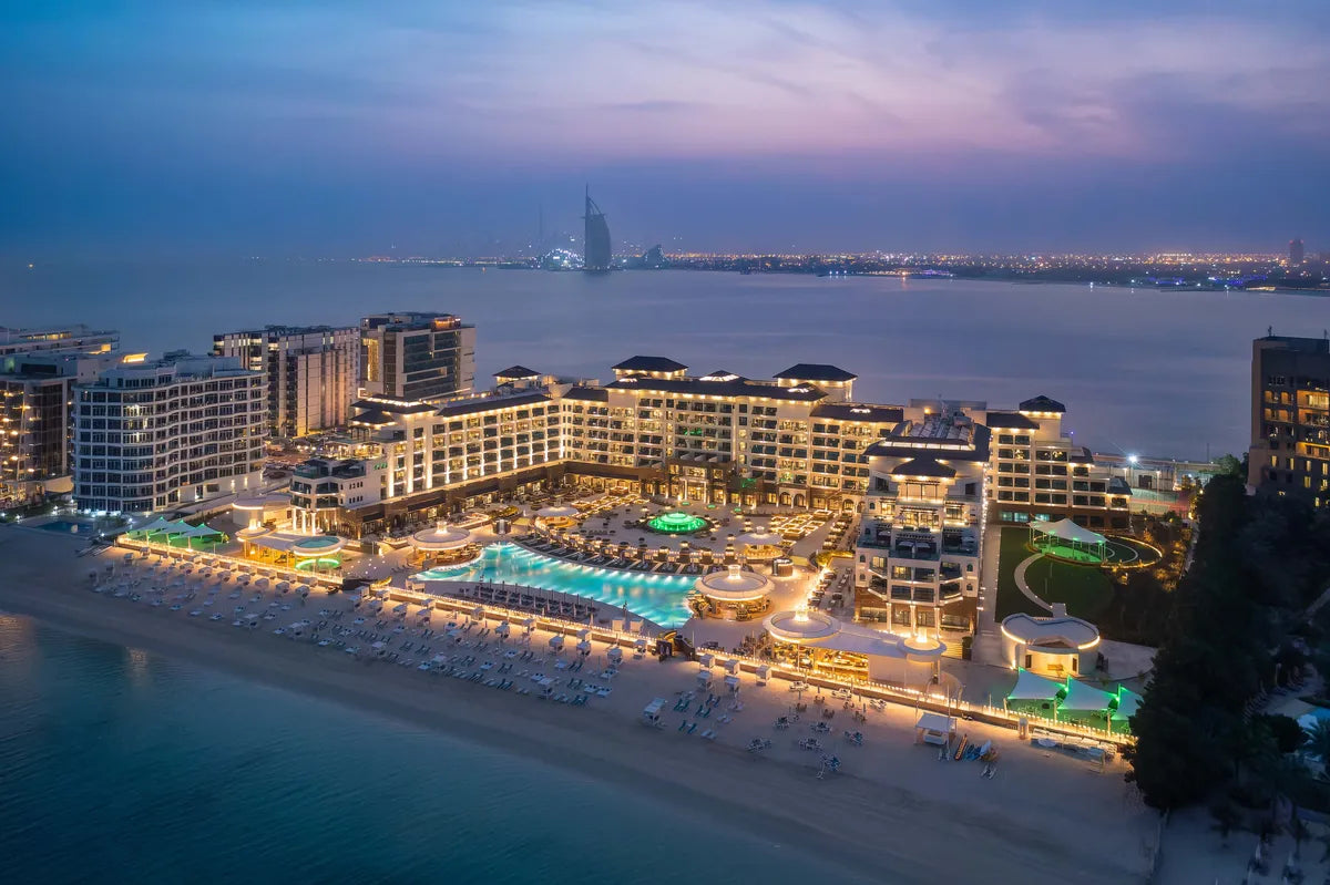 Taj Exotica Resort and Spa Palm Jumeirah exterior architectural lighting at dusk
