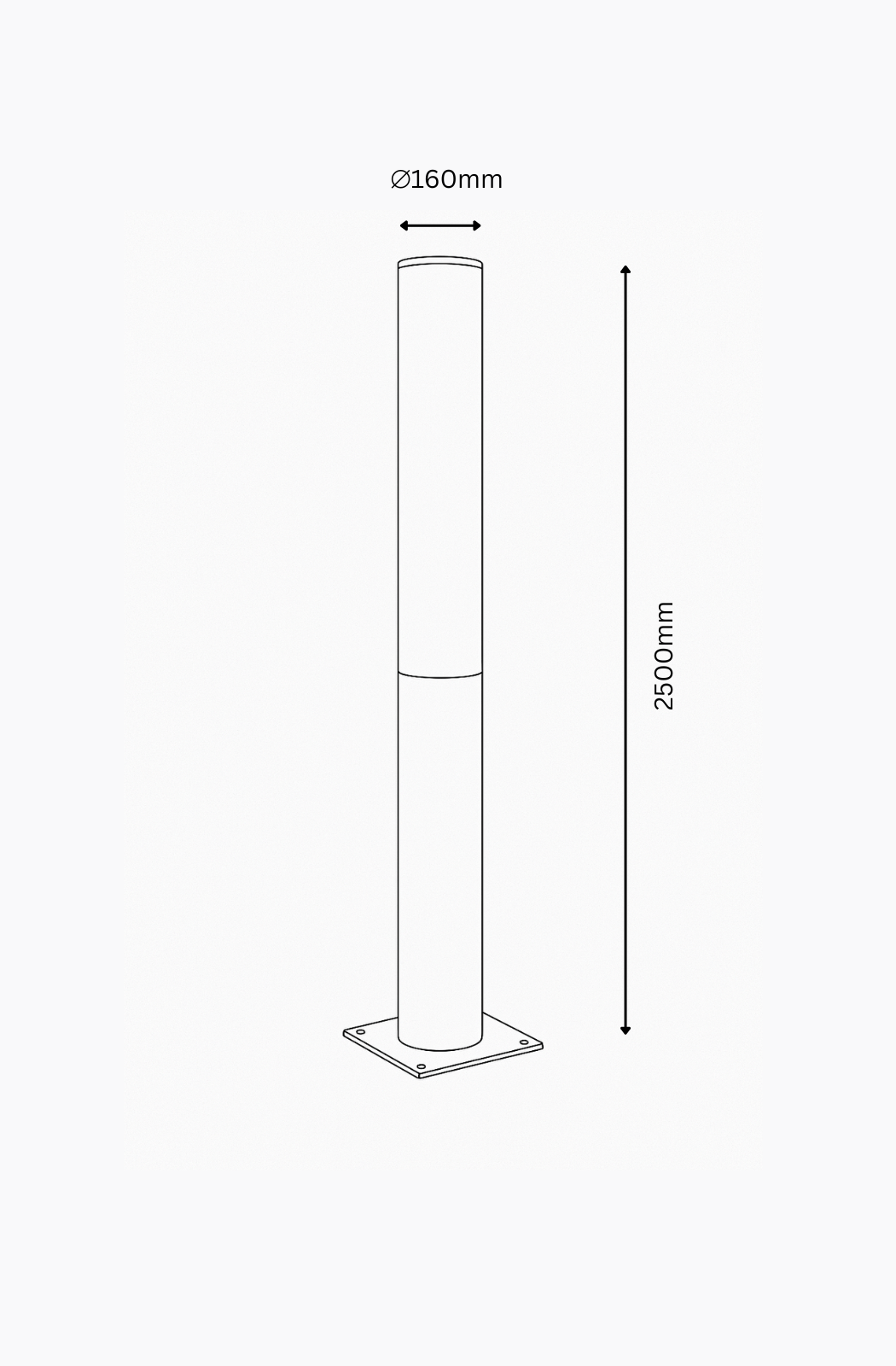 Technical drawing of a tall bollard object with dimensions
