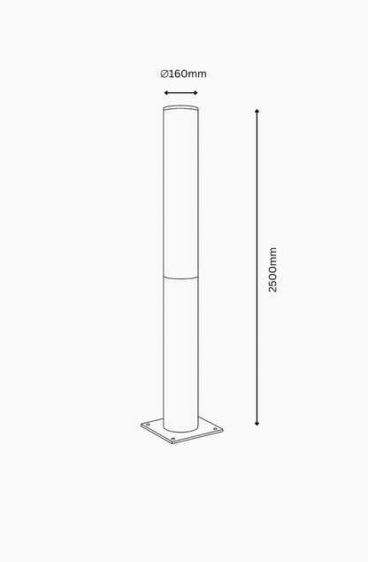 Technical drawing of a tall bollard object with dimensions