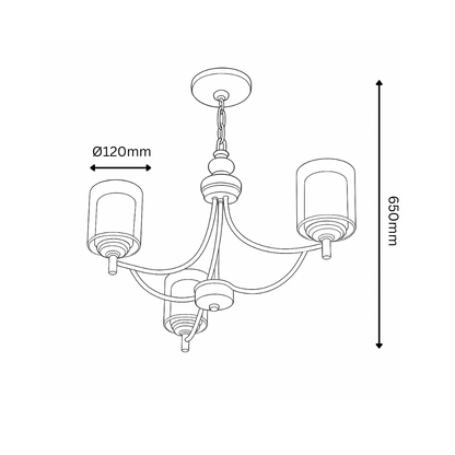 Line drawing of a chandelier with dimensions indicated