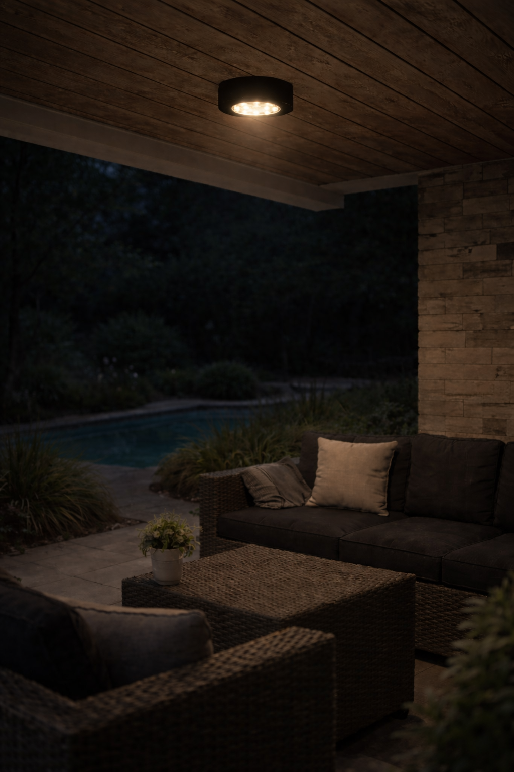 Outdoor patio area with a couch, table, and light fixture at night.