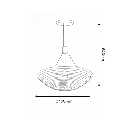 Technical drawing of a pendant light with dimensions on a white background